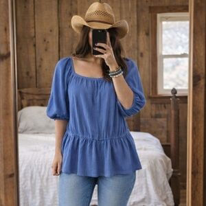 💙 Nine West Peplum Puff Sleeve Blouse Blue XL 💙‎